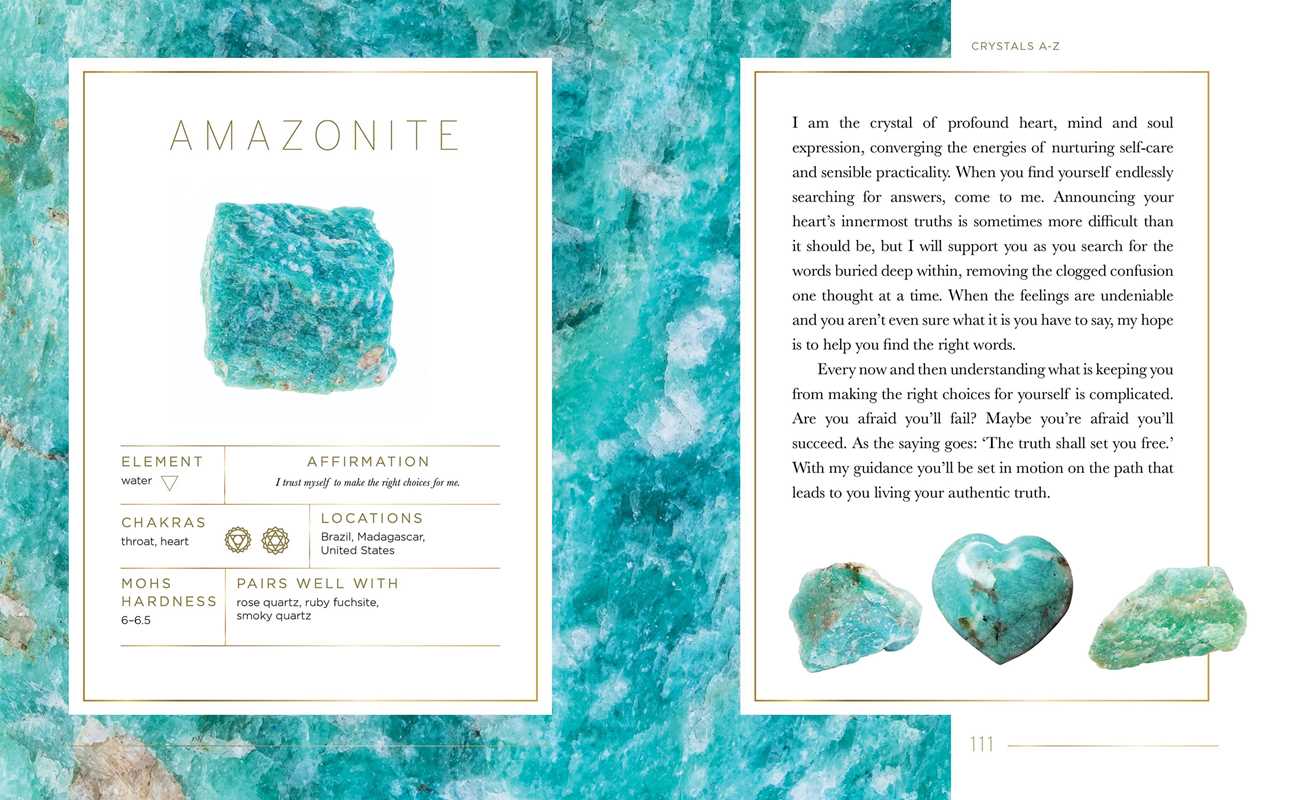 Pages from ' Crystal Companion' book. Amazonite information card with crystal images.