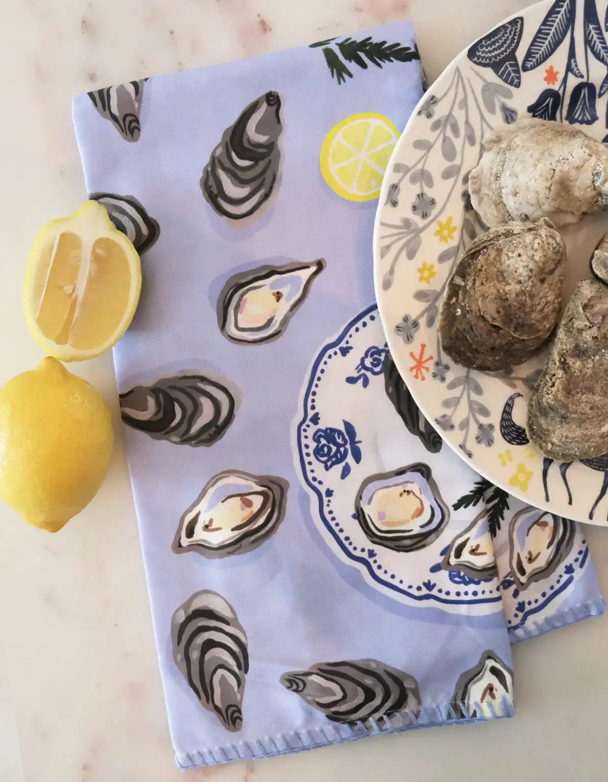 Cotton Tea Towel with Embroidered Detail | Oysters