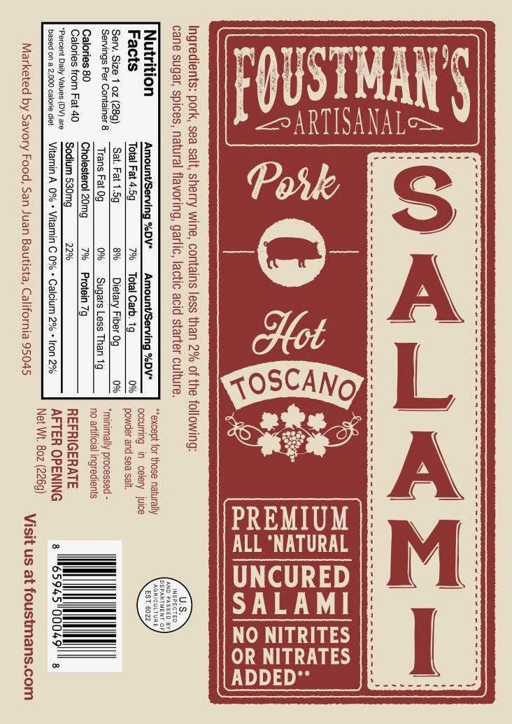 Foustman's All-Natural Uncured Salami | Pork Hot Toscano