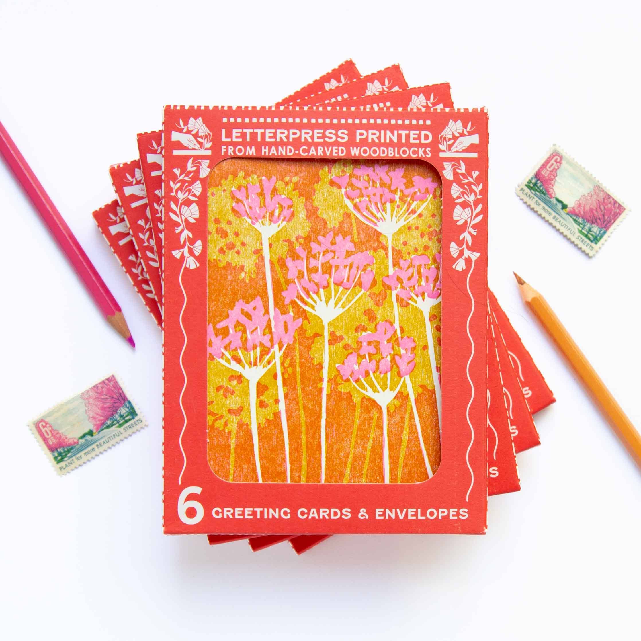 Pink and Gold Floral Letterpress Card Set | Boxed Set of Six