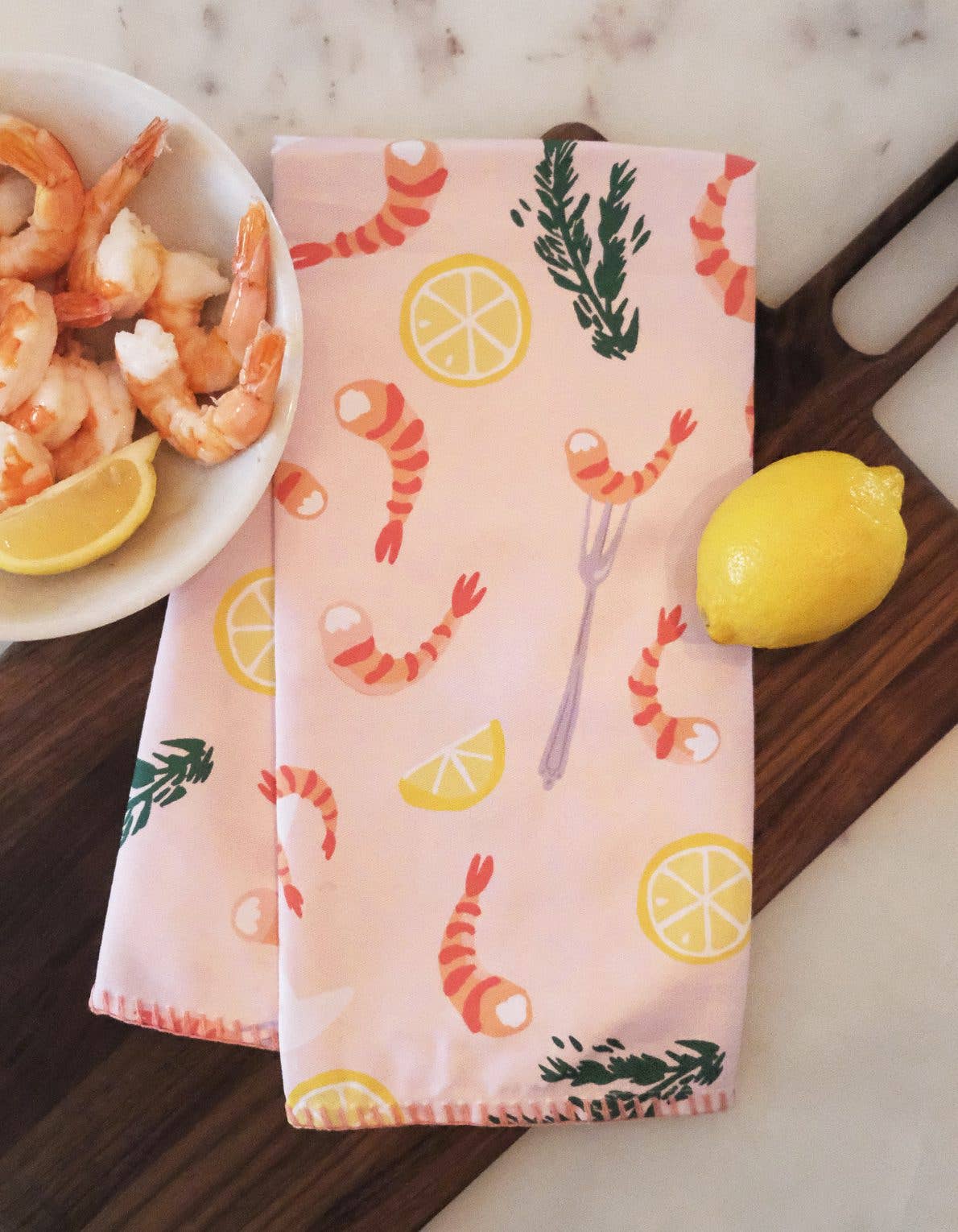 Cotton Tea Towel with Embroidered Detail | Shrimp Cocktail