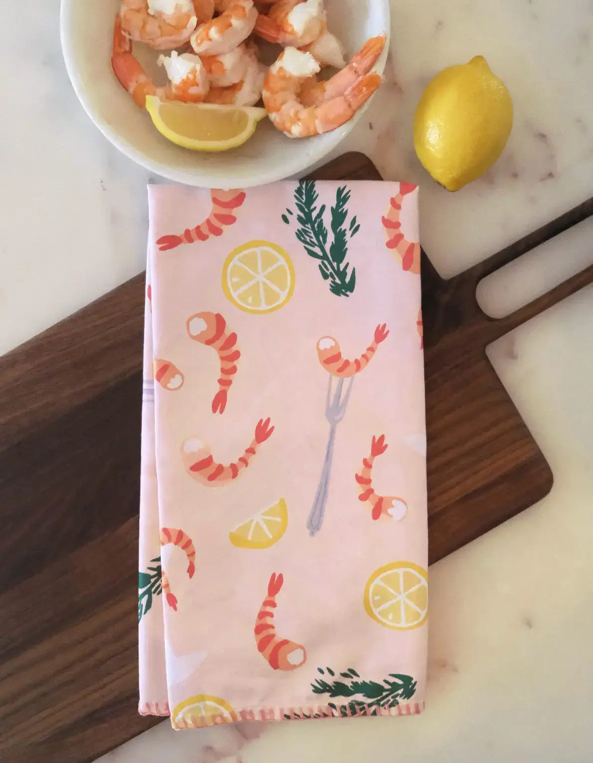Cotton Tea Towel with Embroidered Detail | Shrimp Cocktail
