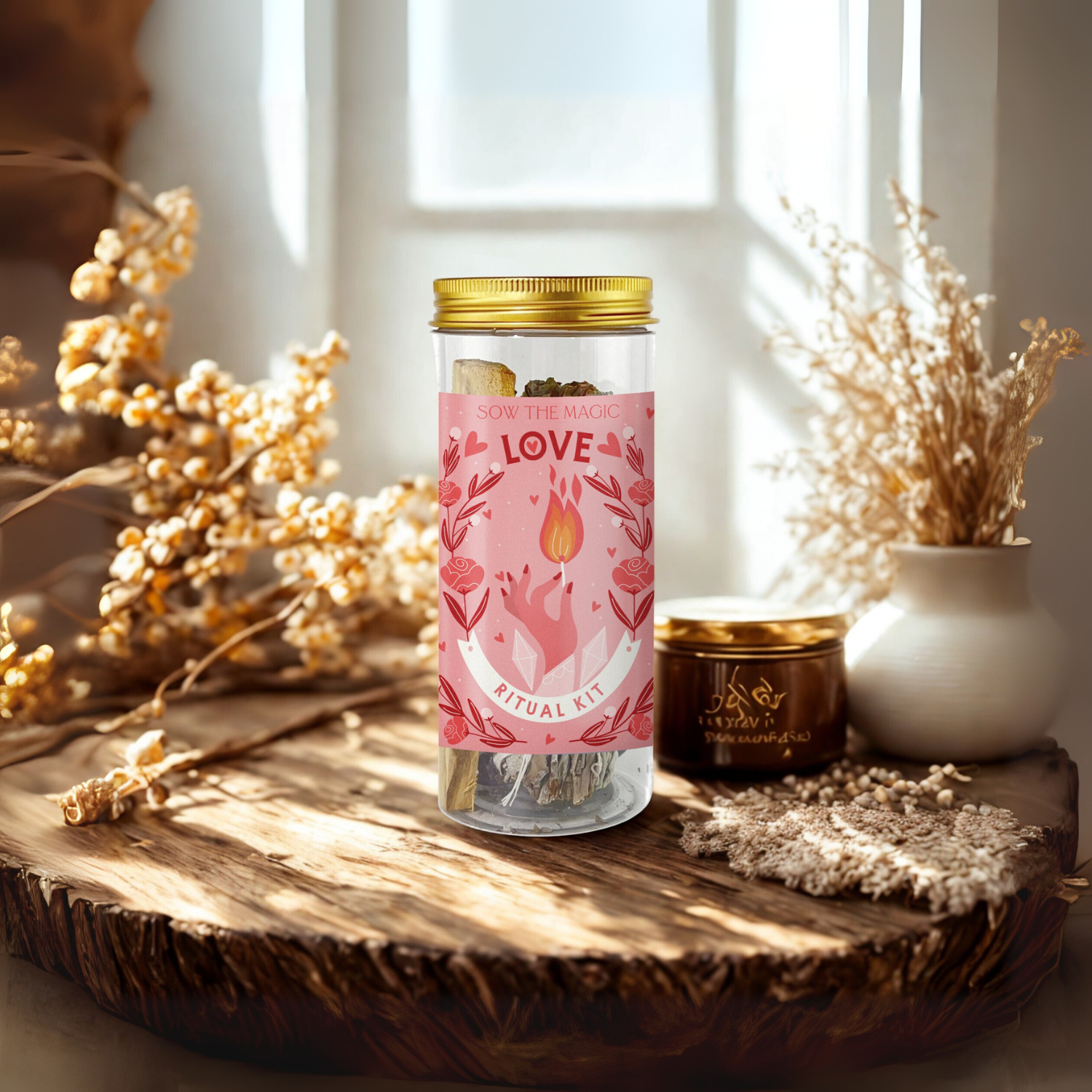 Love Ritual Kit Jar with Rose Quartz, Palo Santo + Sage