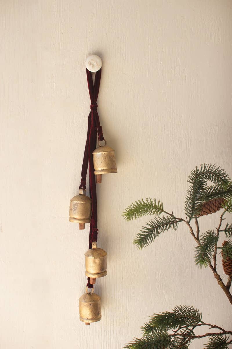 Jingle Bell Cluster on Maroon Velvet Ribbon