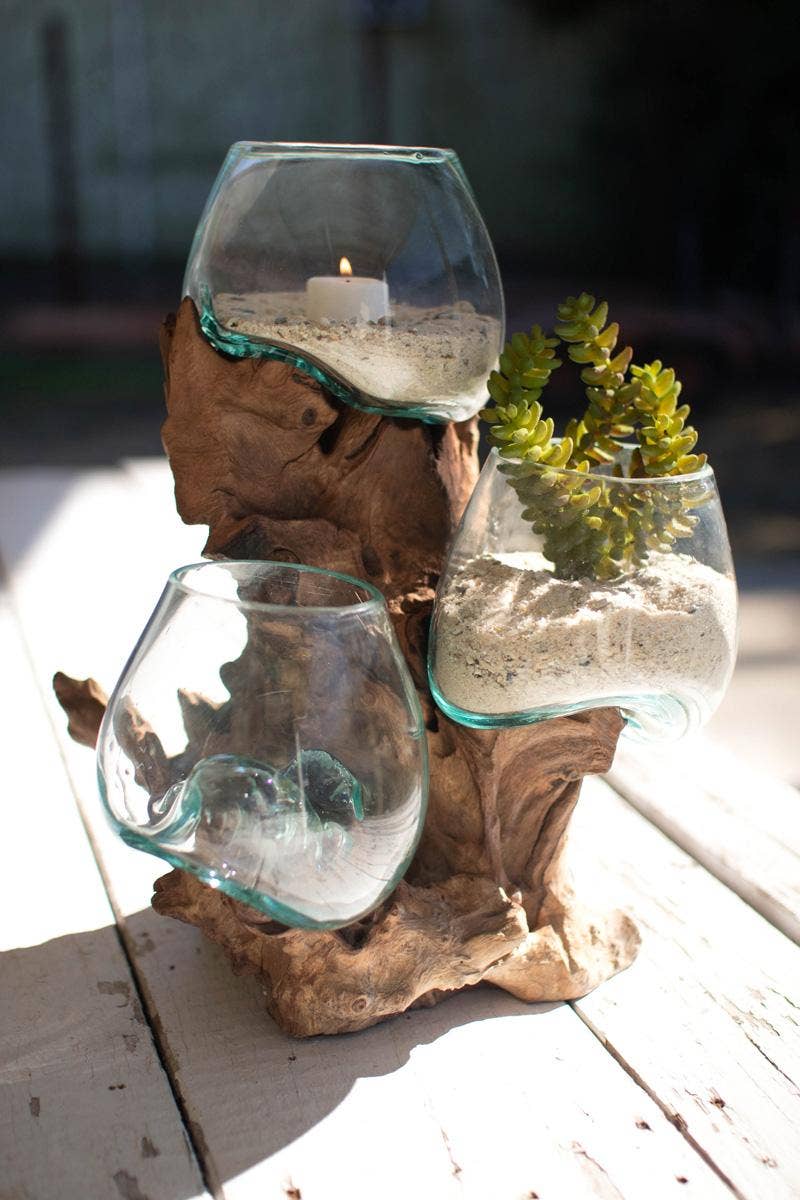 Blown Glass Bowls on Driftwood Base | Sculptural Decor