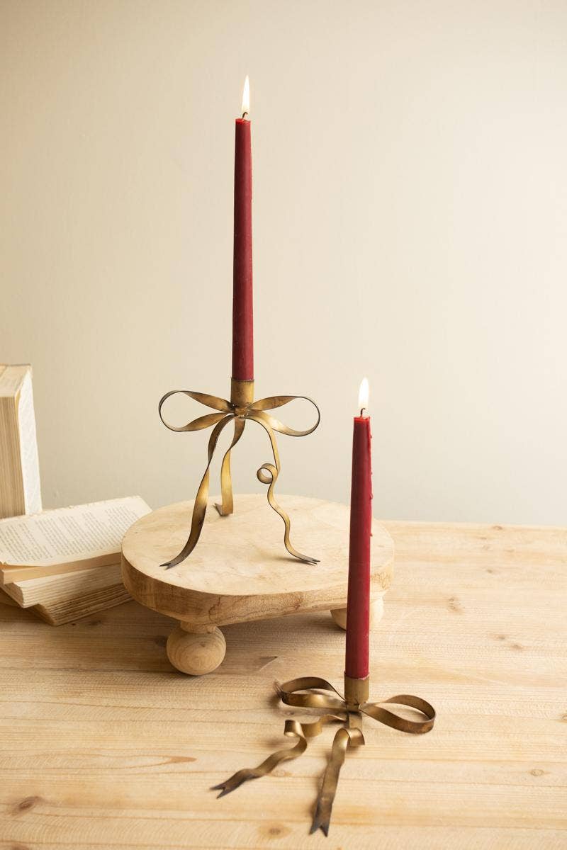 Set of Two Sculptural Antique Brass Bow Taper Candle Holders