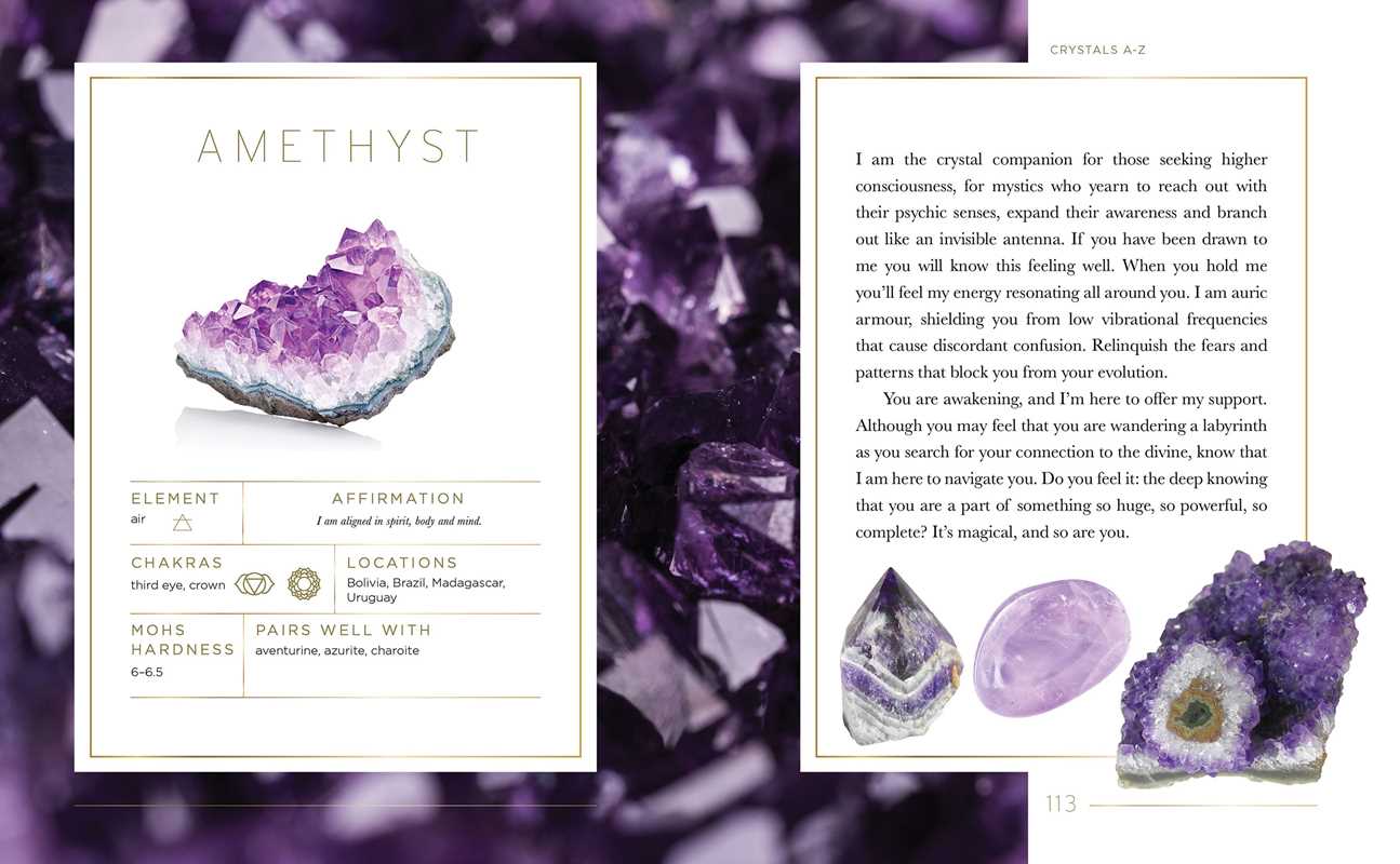 Pages from ' Crystal Companion' book. Amethyst information card with crystal images.