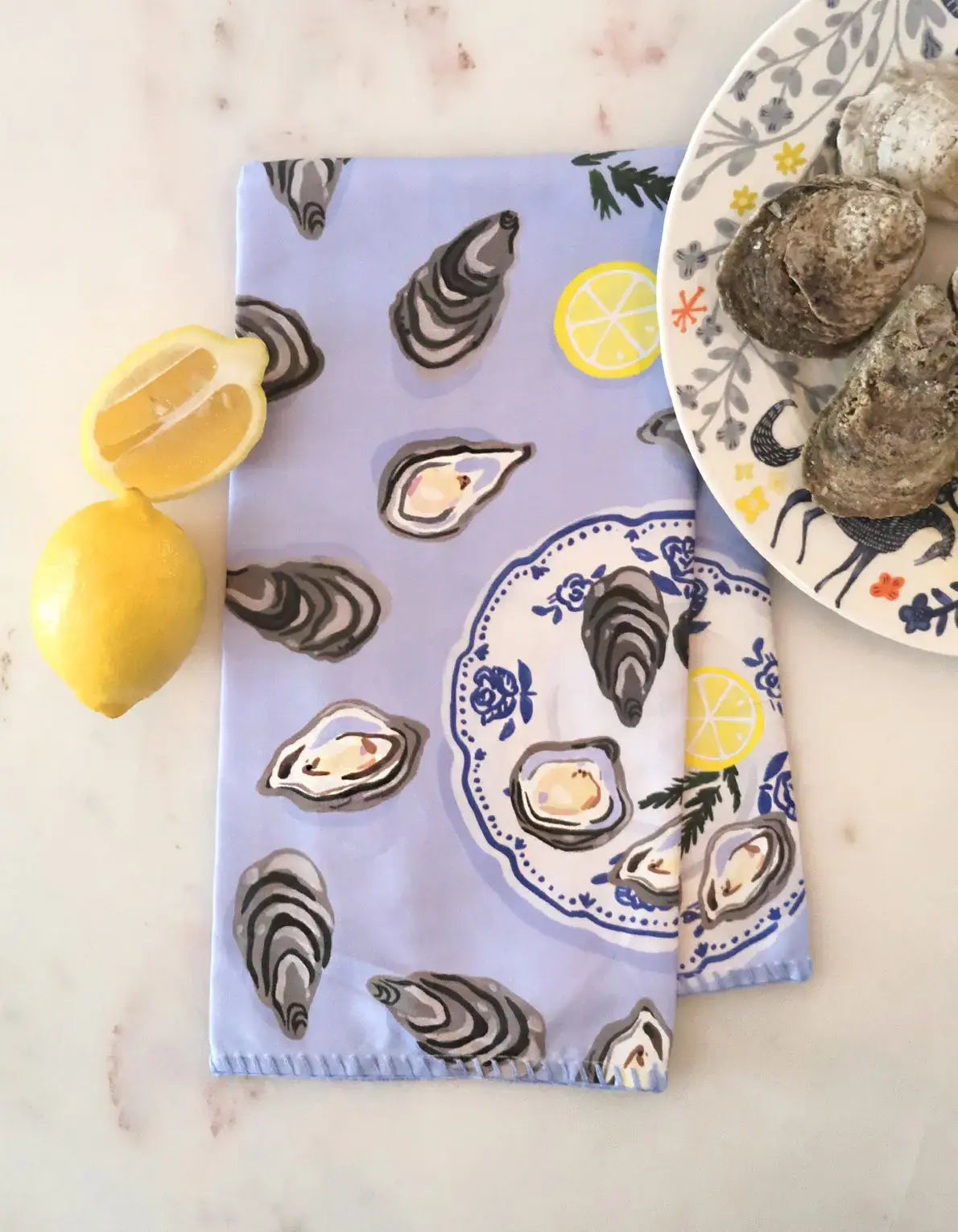 Cotton Tea Towel with Embroidered Detail | Oysters