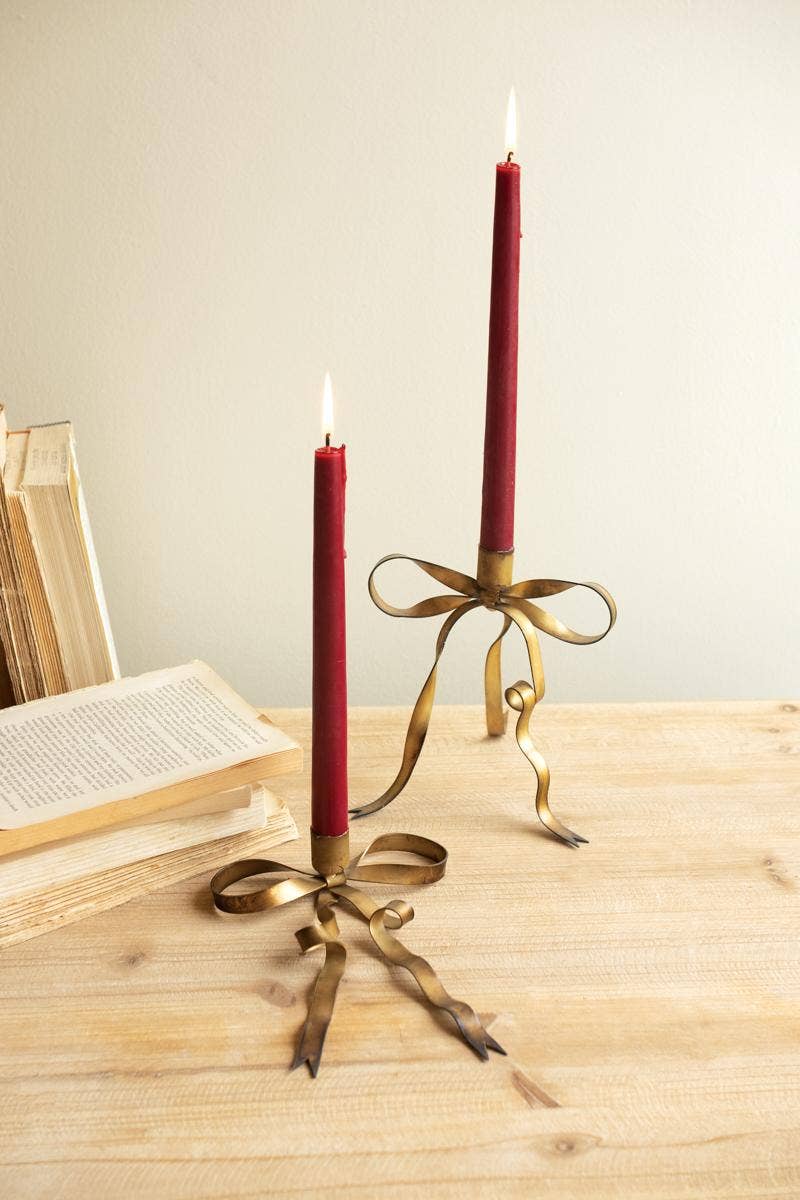 Set of Two Sculptural Antique Brass Bow Taper Candle Holders