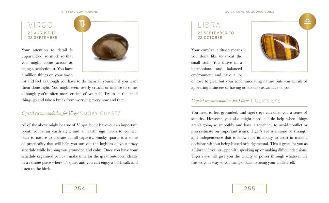 Pages from ' Crystal Companion' book. Featuring crystals associated with Virgo and Libra zodiac signs.
