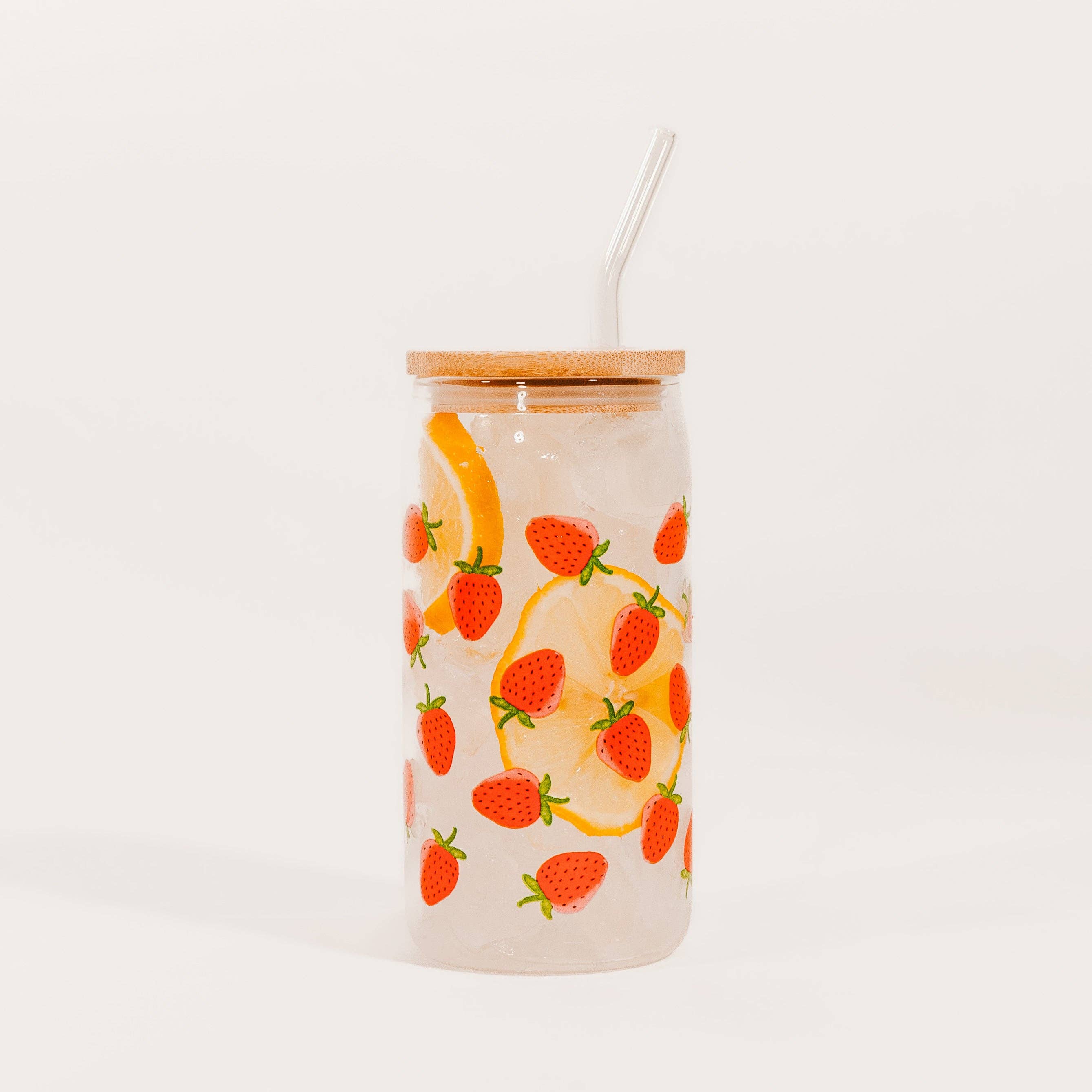 Strawberry 17 oz Can Glass w/ Straw and Lid