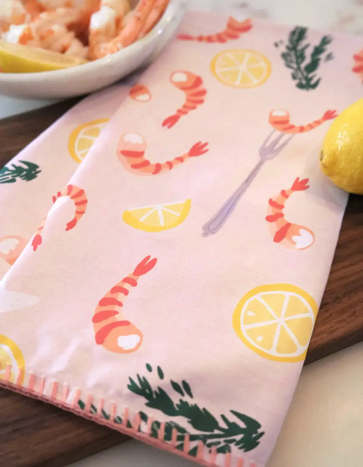 Cotton Tea Towel with Embroidered Detail | Shrimp Cocktail