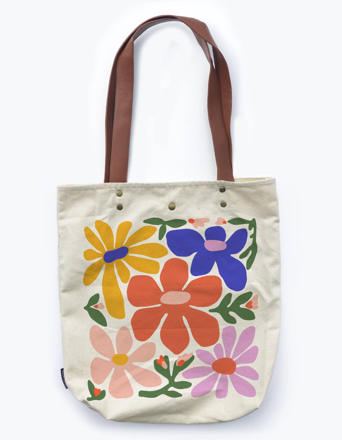 Primary Blooms Canvas Tote Bag with Vegan Leather Handles